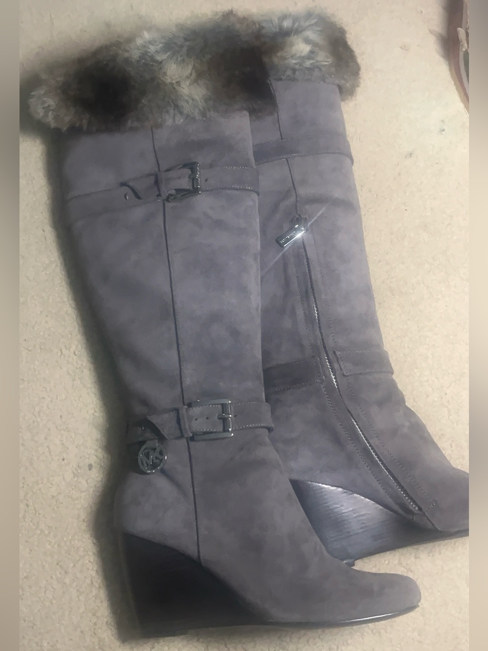 Michael Kors Taupe Faux-Suede Over-the-Knee Boots with Fur Trim - Picture 4 of 4
